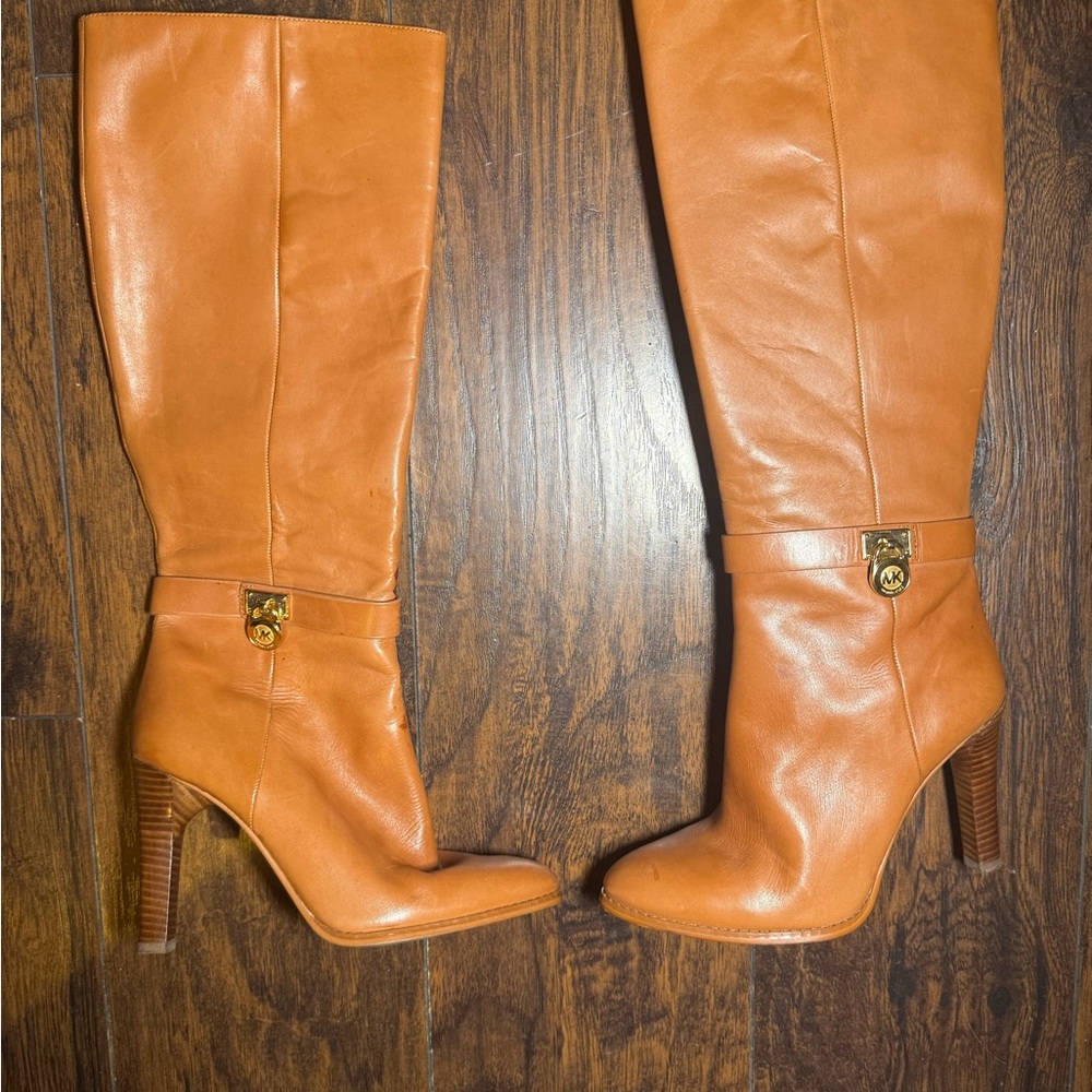 Michael Kors Cognac Leather Over-The-Knee Heeled Boots